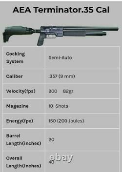 AEA Terminator. 357 cal. Semi-auto pcp air rifle. Condition is New