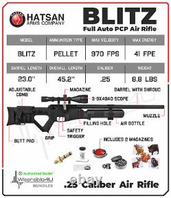 Hatsan Blitz Full Auto PCP. 25 Cal Air Rifle with Scope & Targets & Pellets Bundle