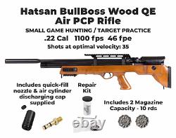 Hatsan BullBoss Wood QE. 22 Cal PCP Side Lever Air Rifle with Targets and Pellets