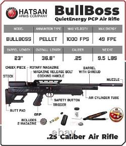 Hatsan Bullboss. 25 Caliber PCP Air Rifle with 1-6x24 Riflescope, Bipod, & Pellets