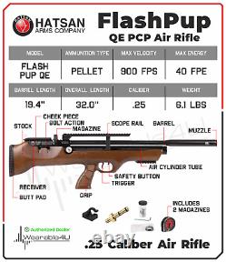 Hatsan FlashPupQE QuietEnergy QE Precharged Pneumatic PCP. 25 Caliber Air Rifle