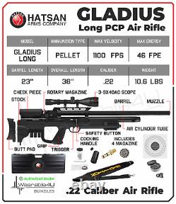 Hatsan Gladius Long PCP. 22 Cal Air Rifle with Scope & Targets and Pellets Bundle